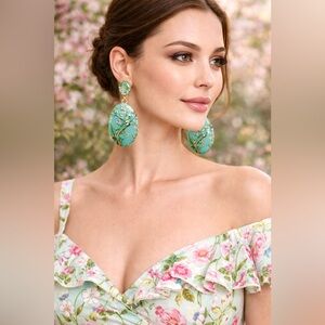 Flower & Bird Texture Geometric Drop Earrings – Green Statement Earrings